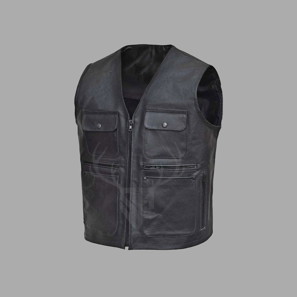 Side profile of the Pro Rider black leather biker vest made from A+ cowhide, showing natural leather grain texture, strong stitching, and multi-pocket functionality. Designed for touring motorcyclists and club riders who need rugged style, practical features, and custom patch-ready space.

