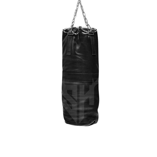 Side view of the Staghide Black Buffalo Striker punching bag showcasing the thick cowhide leather, reinforced stitching, and professional-grade hardware. This heavy bag is perfect for boxing, mixed martial arts, Muay Thai, and UFC training, providing balanced weight distribution and customizable filling options for all combat sports athletes.

