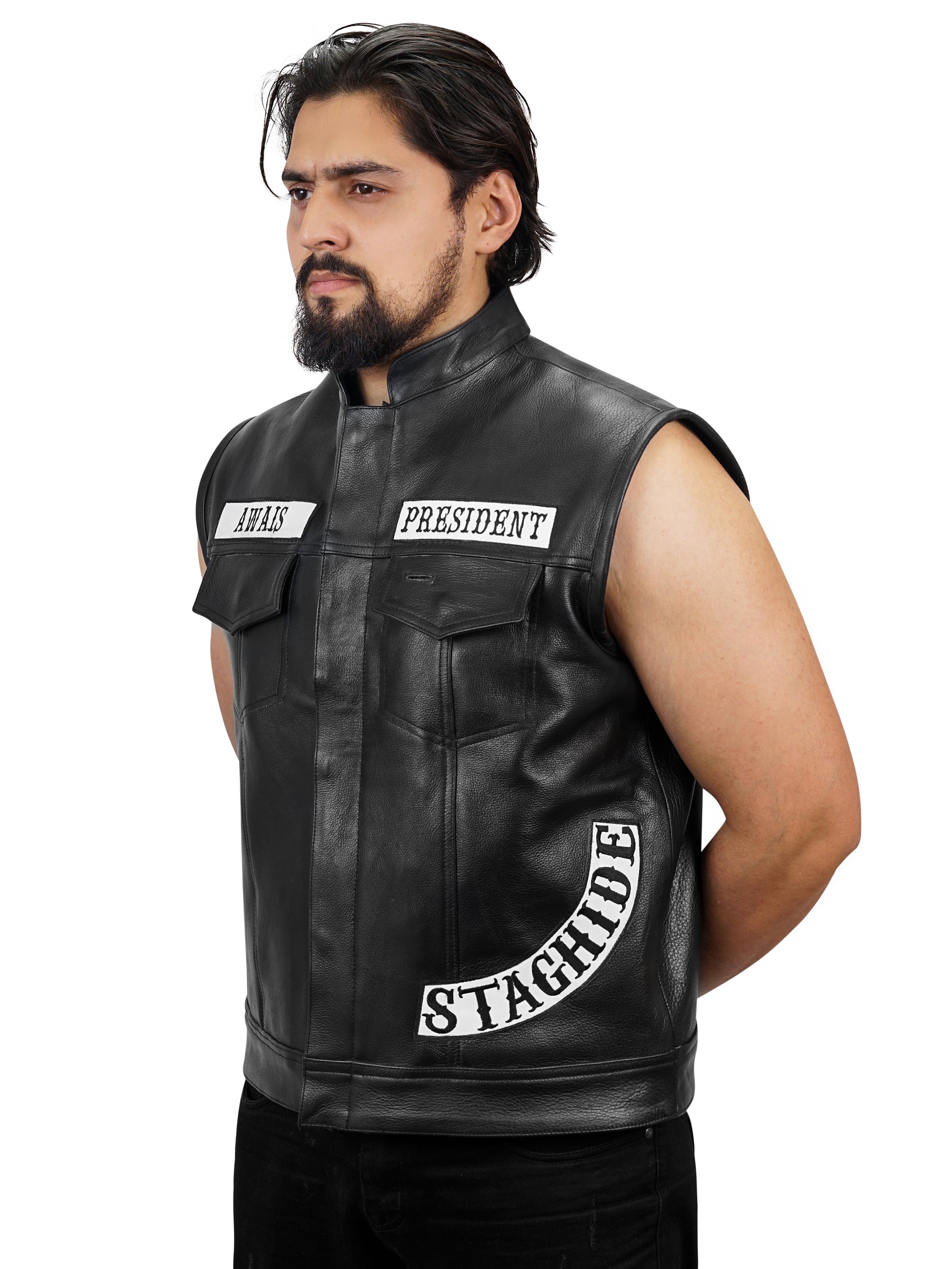 Side view of the Staghide Motorcycle Club Vest  emphasizing durable construction and biker-style aesthetics. Ideal for club riders wanting both style and adjustability.

