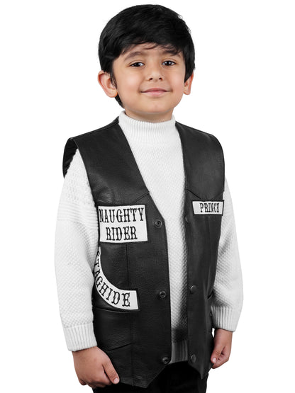 Stylish kids motorcycle club leather vest made from genuine cowhide with custom name, patch, and logo options—perfect for junior bikers and themed events.