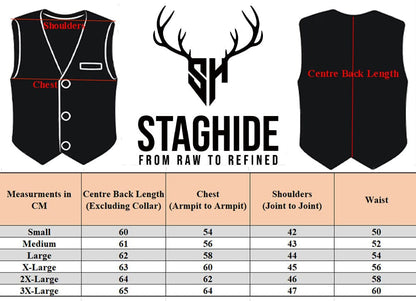 Staghide biker leather vest shown in multiple size options laid out for comparison, perfect for riders looking for a tailored fit in club-style vests, crafted from genuine cowhide leather for long-lasting wear.

