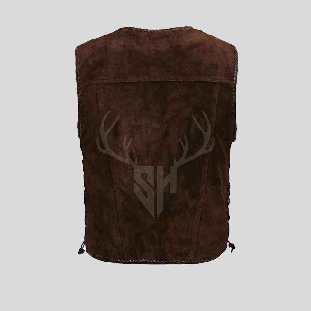 Suede leather motorcycle vest in chocolate brown with rugged texture, ribbed shoulders, two front pockets, and custom-fit hook front closure for bold streetwear style.