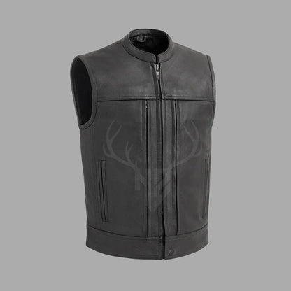 The Vortex custom biker vest features premium cowhide leather, multiple brass zippers, and a rugged design perfect for club riders who need storage and style.