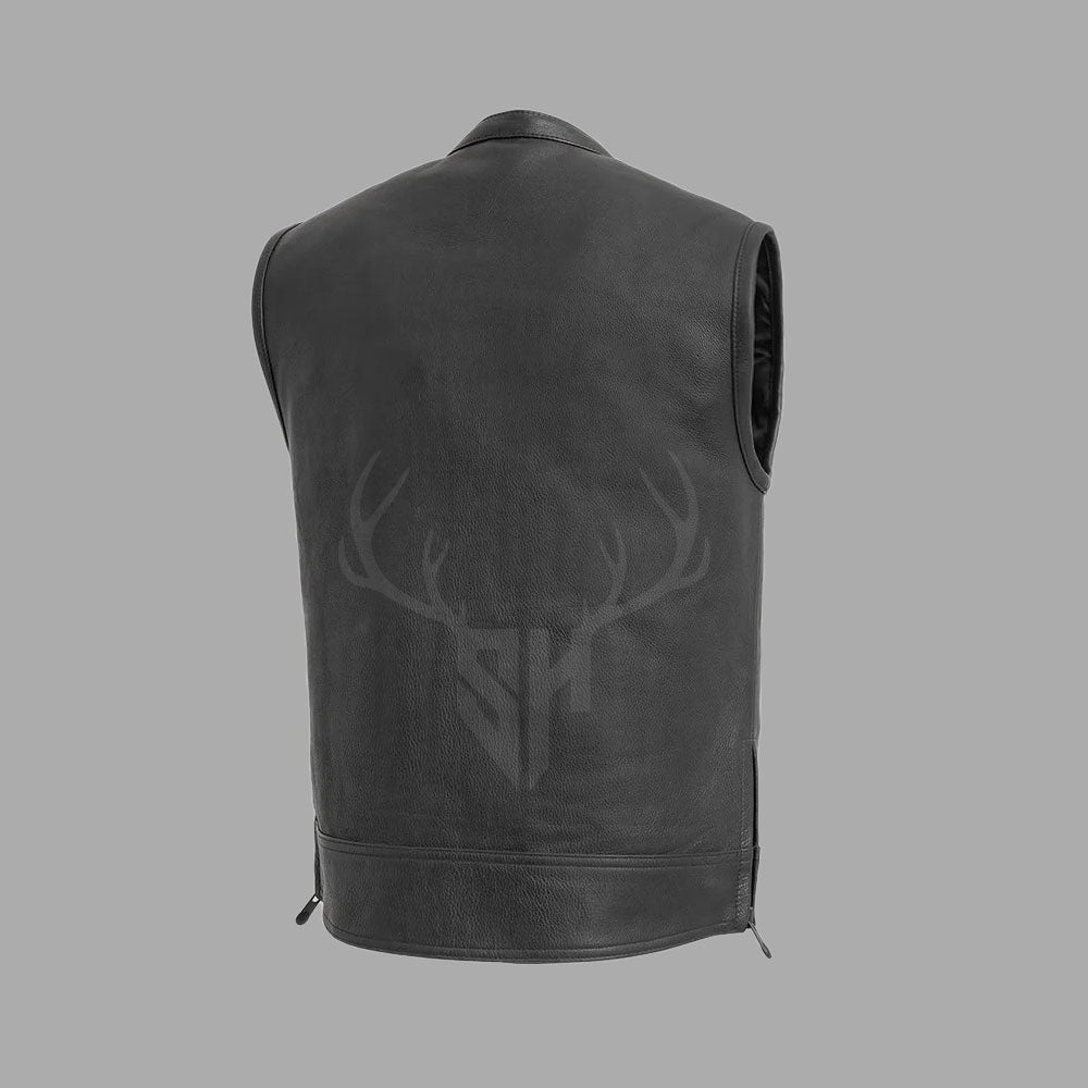 This Vortex leather vest is designed with rugged cowhide, custom zipper placements, and club-ready styling, making it ideal for personalization and long road trips.