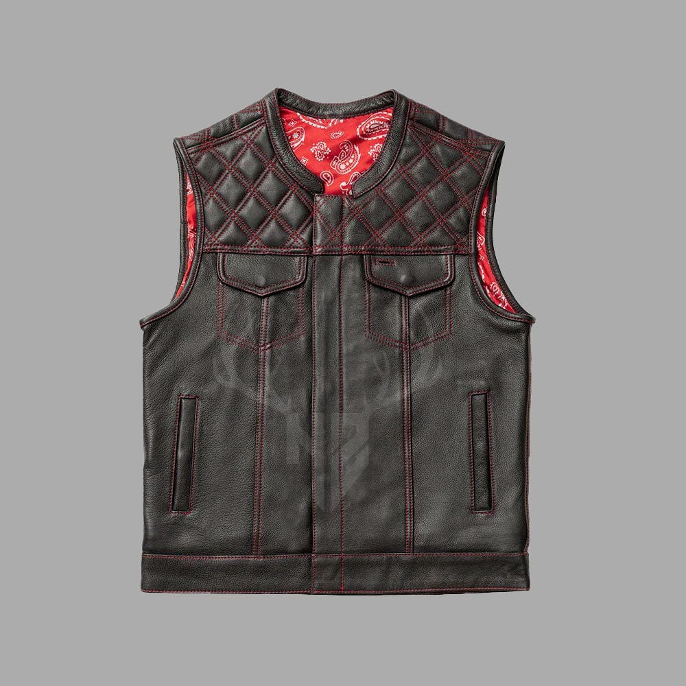 This cowhide leather biker vest with a printed lining offers rugged durability, comfort, and full customization options for riders seeking style and function.