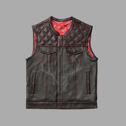 This cowhide leather biker vest with a printed lining offers rugged durability, comfort, and full customization options for riders seeking style and function.