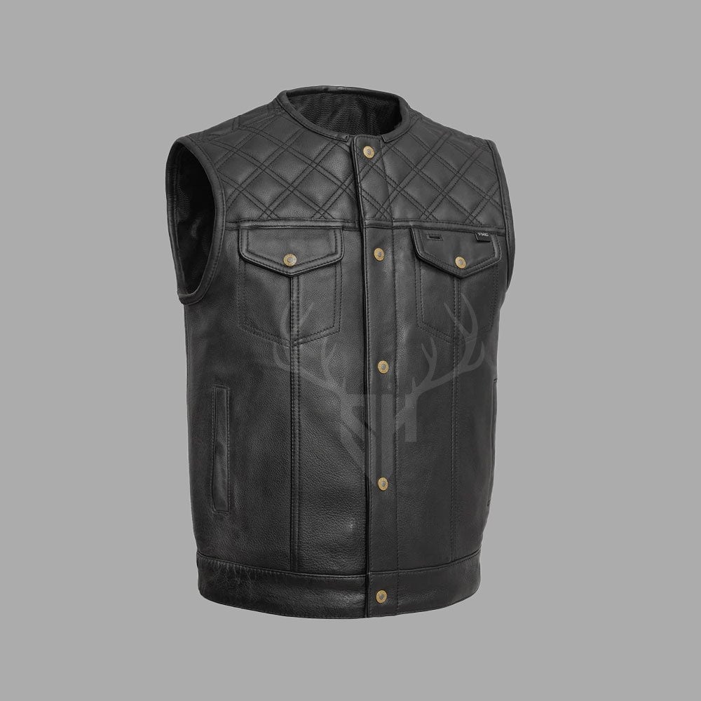 This custom motorcycle club leather vest is made from premium A+ cowhide leather, perfect for bikers looking for a rugged, stylish, and durable leather vest with brass buttons, customizable patches, and engraved details for club identity.