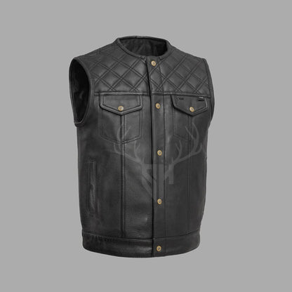 This custom motorcycle club leather vest is made from premium A+ cowhide leather, perfect for bikers looking for a rugged, stylish, and durable leather vest with brass buttons, customizable patches, and engraved details for club identity.