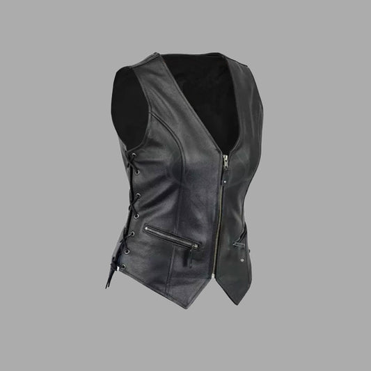 This women’s black leather motorcycle vest features adjustable side laces and is crafted from premium A+ cowhide, offering a stylish, rugged, and customizable look for female bikers.

