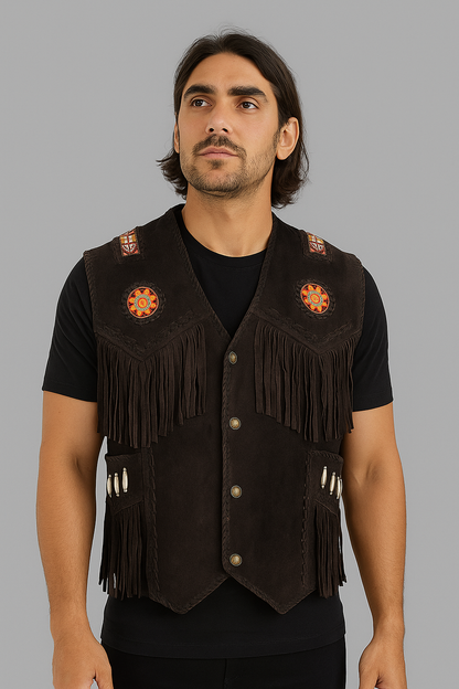 TrailBlaze Chocolate Brown Fringe Western Vest leather biker vest by Staghide