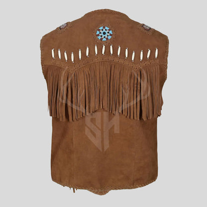 TrailBlaze western vest in brown suede featuring fringe and beadwork details for authentic cowboy fashion.

