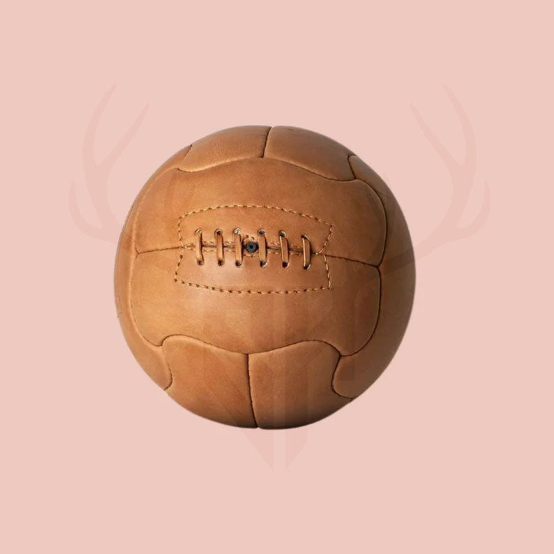 Vintage 1950 Duplo T World Cup leather football showing traditional 1950s panel design and precision hand-stitched craftsmanship, an ideal retro collectible or gift for sports history lovers and football fans.

