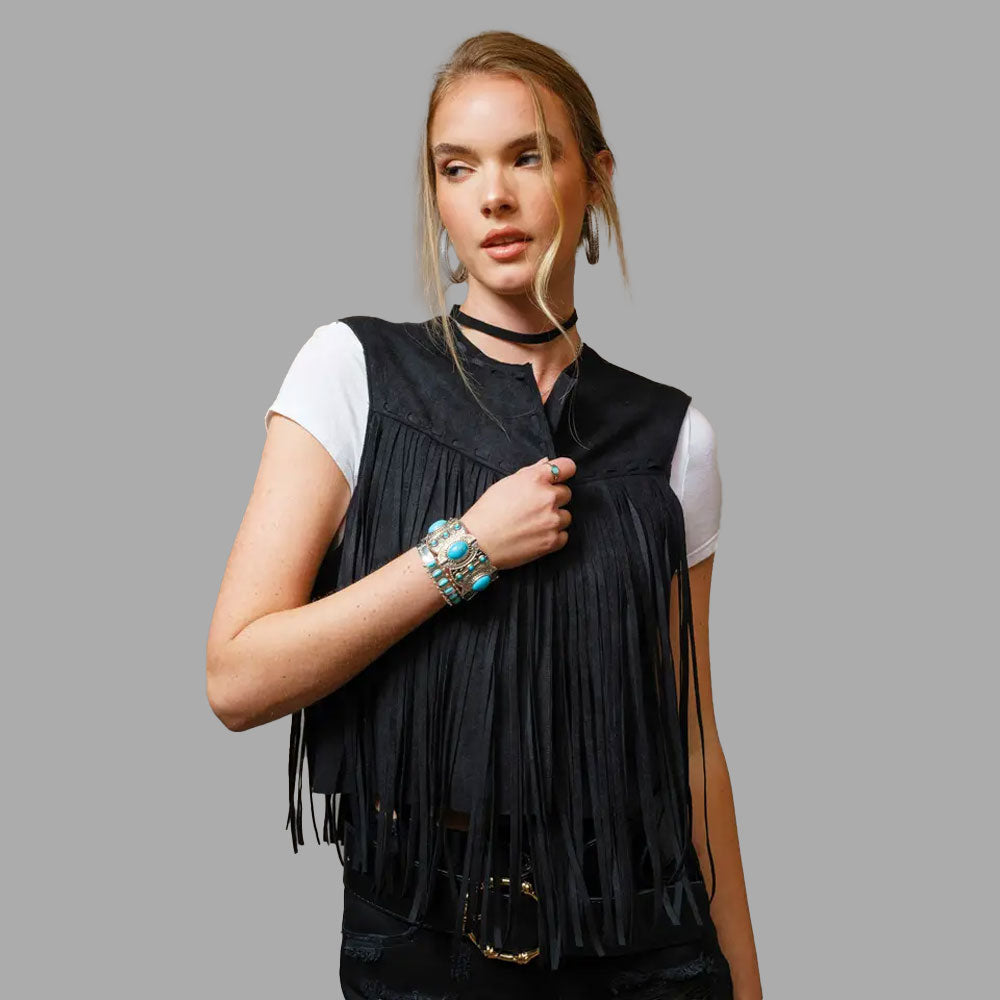 Front view of the Onyx Black fringe vest for women, made from soft suede cowhide leather, featuring long western fringes and a sleek, stylish silhouette.

