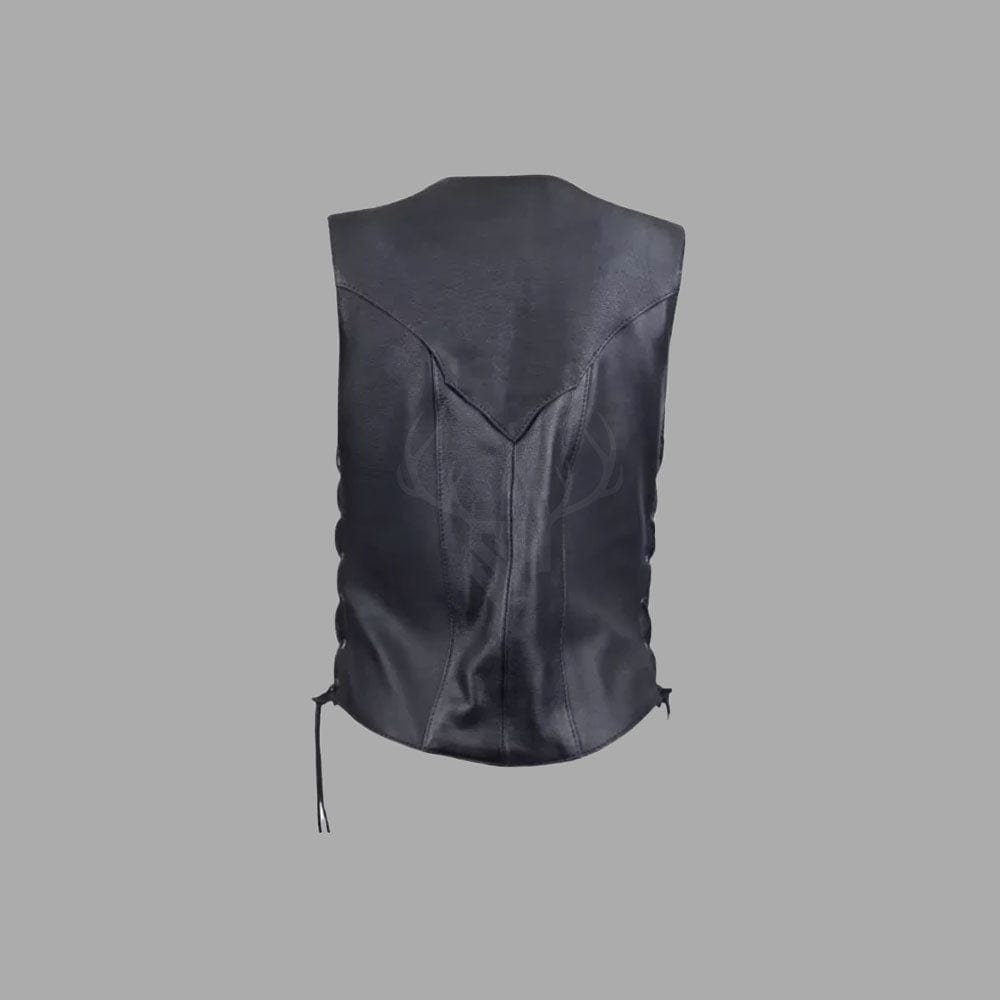 Rear view of Midnight Rogue Women's Cowhide Leather Vest highlighting the clean black cowhide finish, customizable back panel for patches, and durable stitching. The tailored fit offers comfort and style, perfect for MC club members or solo riders. Crafted for durability and biker fashion enthusiasts seeking a rugged but feminine edge.