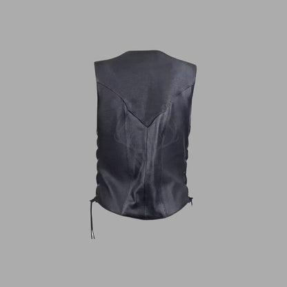 Rear view of Midnight Rogue Women's Cowhide Leather Vest highlighting the clean black cowhide finish, customizable back panel for patches, and durable stitching. The tailored fit offers comfort and style, perfect for MC club members or solo riders. Crafted for durability and biker fashion enthusiasts seeking a rugged but feminine edge.
