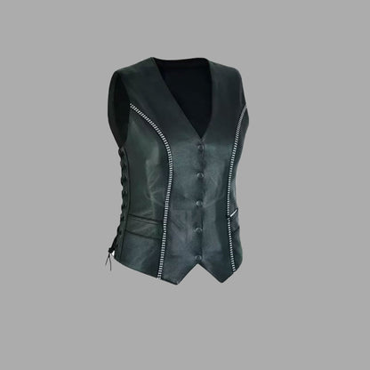 Women's black cowhide leather biker vest with metal studs, side-laced design, and brass accents, ideal for motorcycle clubs and female riders seeking custom style.