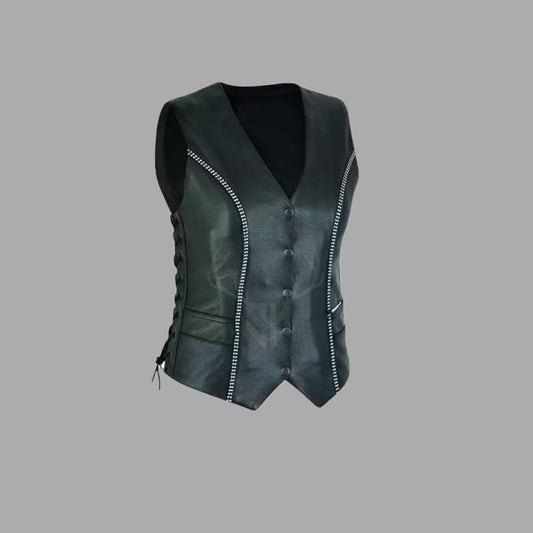 Women's black cowhide leather biker vest with metal studs, side-laced design, and brass accents, ideal for motorcycle clubs and female riders seeking custom style.