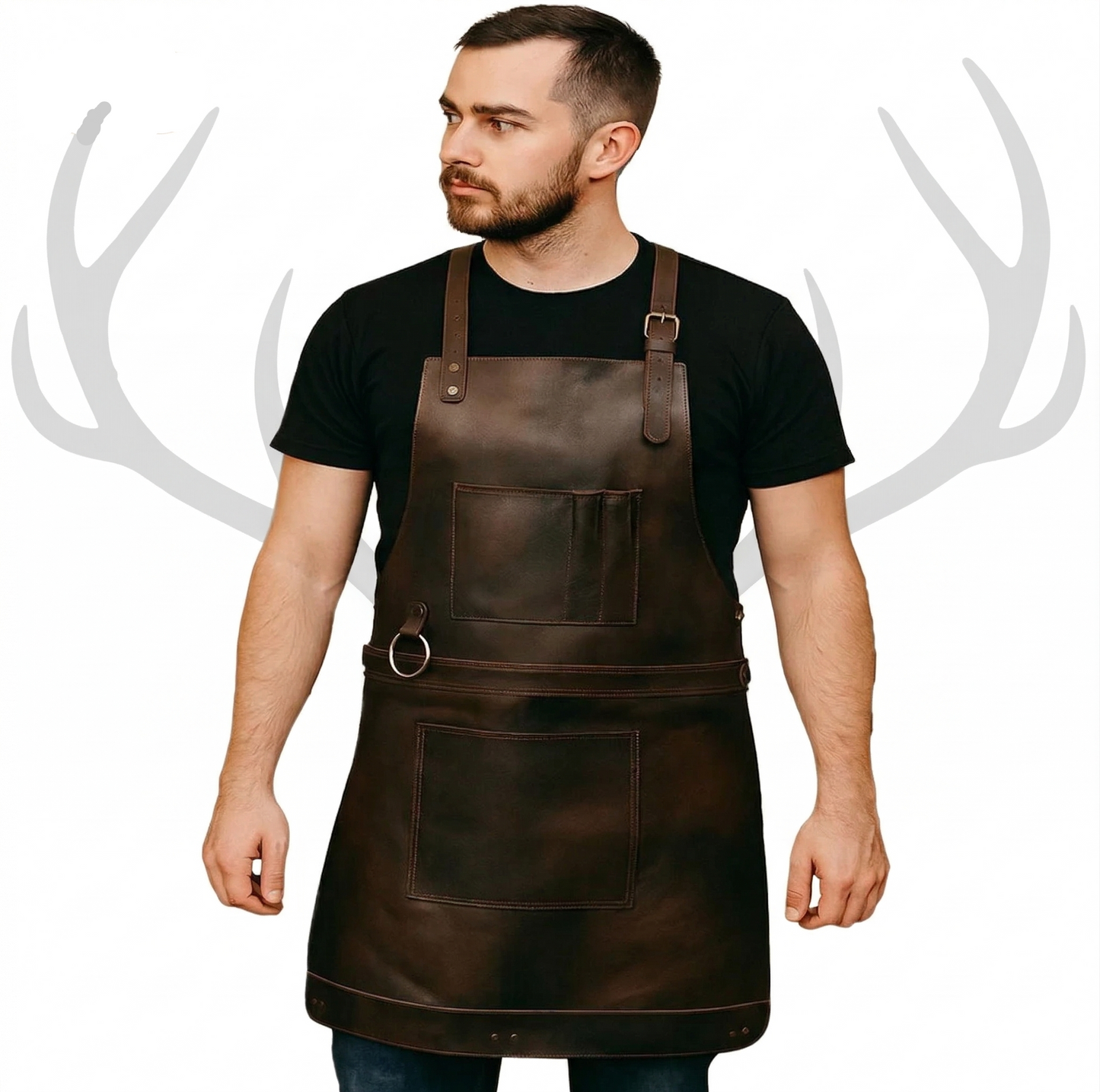 Yorkshire Brown Full Grain Leather BBQ Crossbody Apron – dark brown cowhide with chest pocket, large lower pocket and D-ring, worn by male model with Staghide antler logo