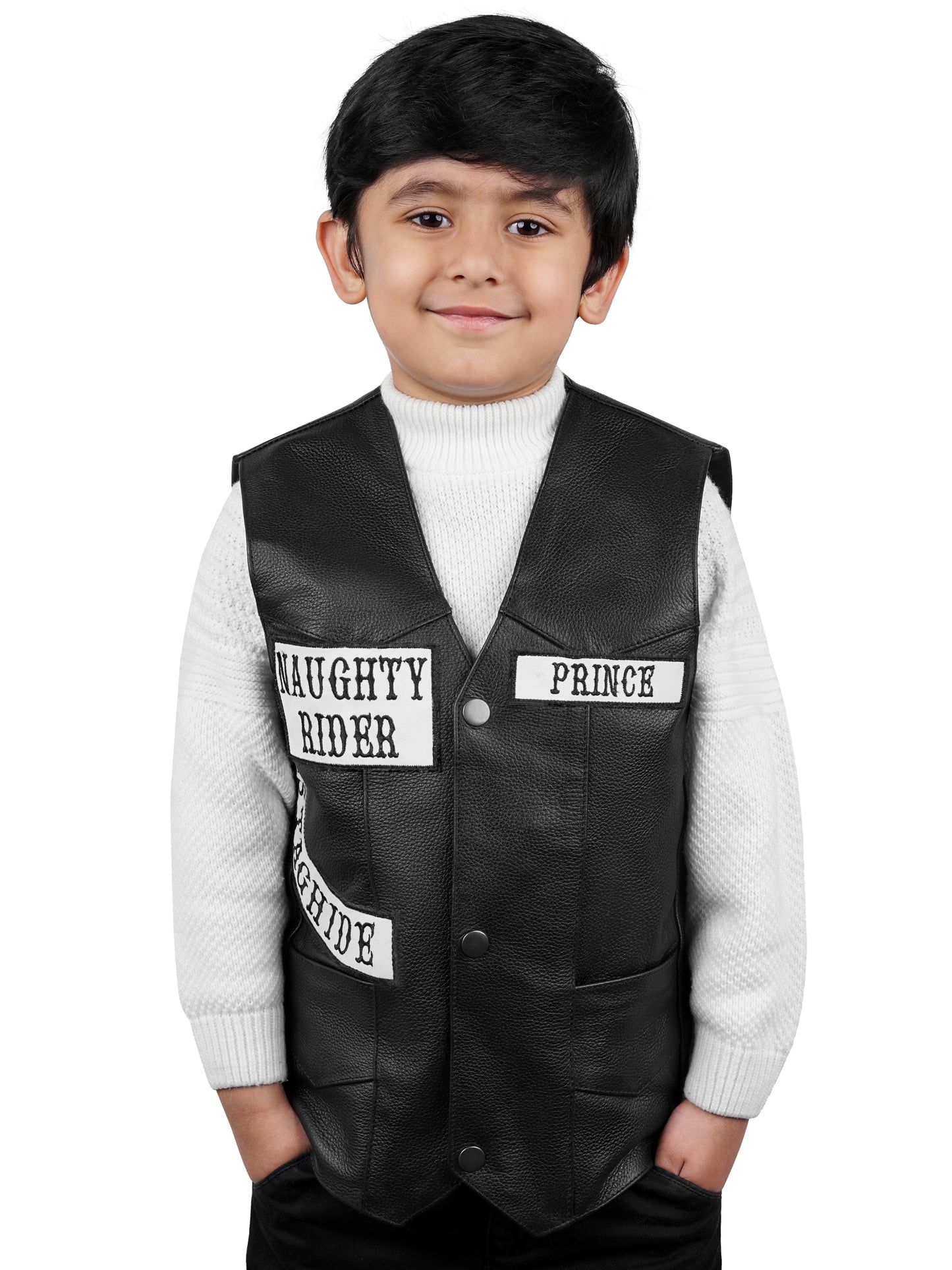Youth leather motorcycle vest in black cowhide with personalized options—designed for young riders, mini bikers, and club-themed occasions.