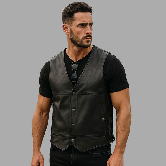 Shadowrider Black Goat Leather MC Vest – Customizable