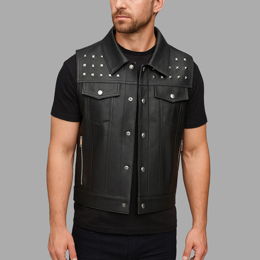 Studded Cowhide Leather Biker Vest – Customizable