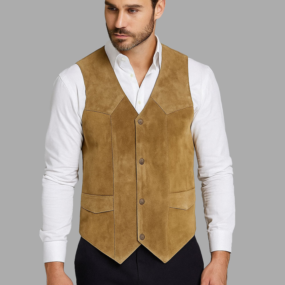 Alabama Beige Cowhide Western Vest – Classic Men’s Style leather biker vest by Staghide