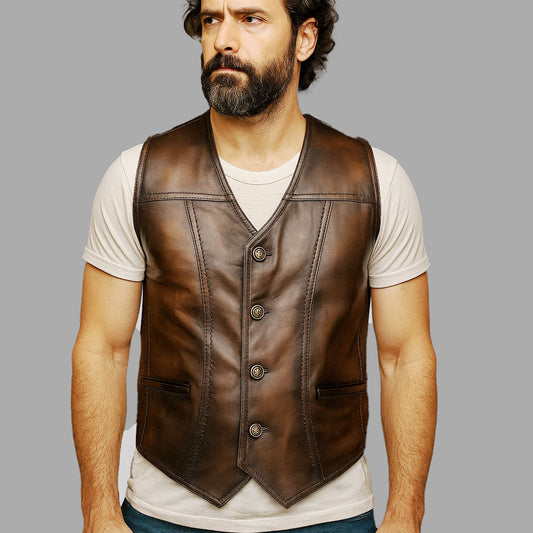 Men's Retro Brown Motorcycle Waistcoat Traditional Leather Vest