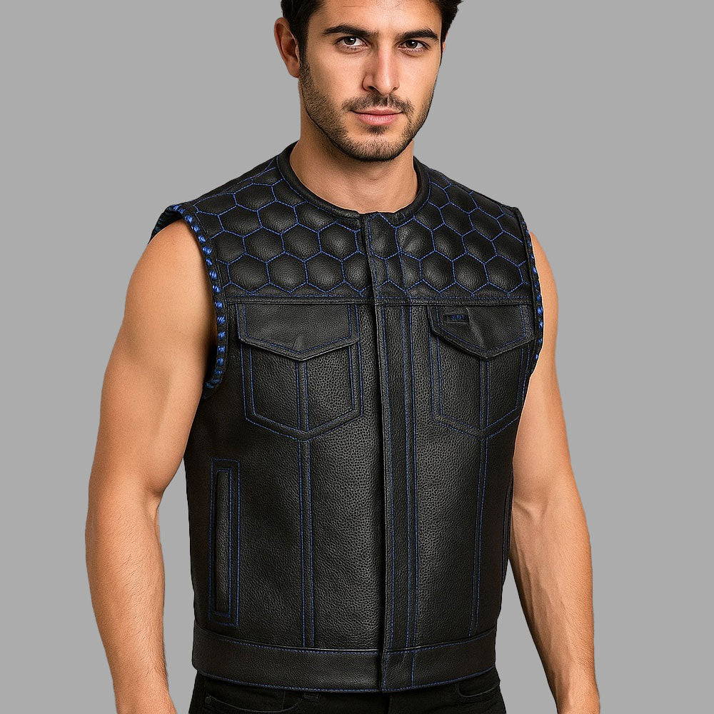 Blue Combed Motorcycle Club Vest - Perforated Leather, Printed Lining and ribbed Armholes