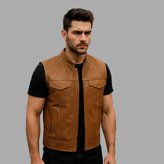 Brown Motorcycle Leather Vest with Printed Lining - Customizable