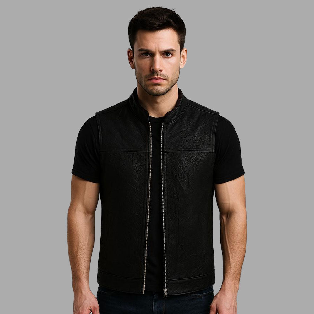 Ironveil Distressed Zipper Leather Vest – Black
