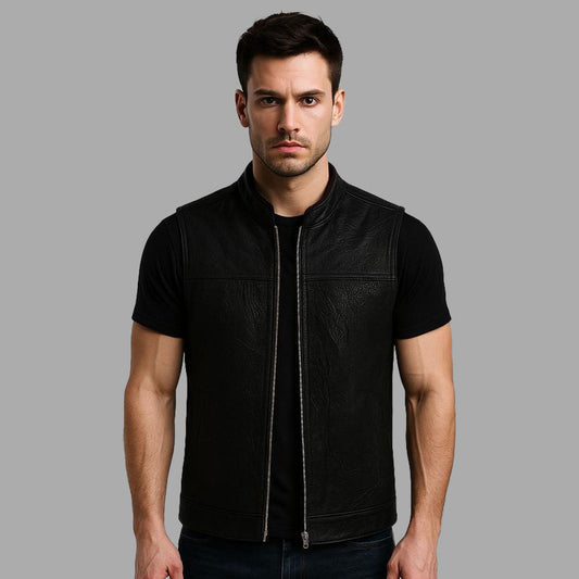 Ironveil Distressed Zipper Leather Vest – Black