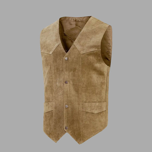 Front view of the Alabama Beige western vest for men, featuring a smooth cowhide leather finish, pointed hem, and metal press studs in classic cowboy styling.

