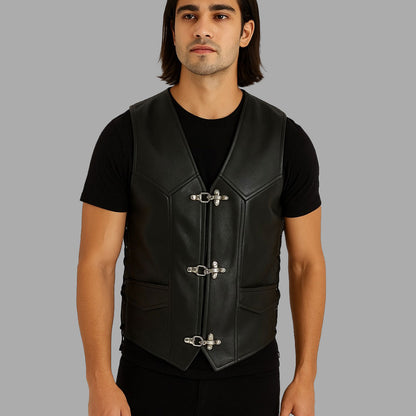 RiderX Black Cowhide Biker Vest – Customizable Fit