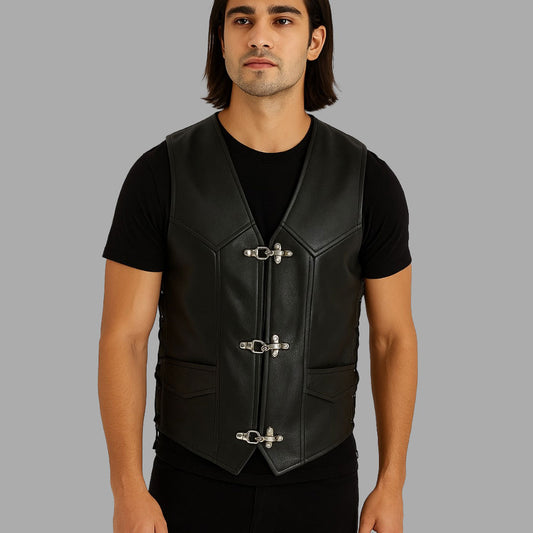 RiderX Black Cowhide Biker Vest – Customizable Fit
