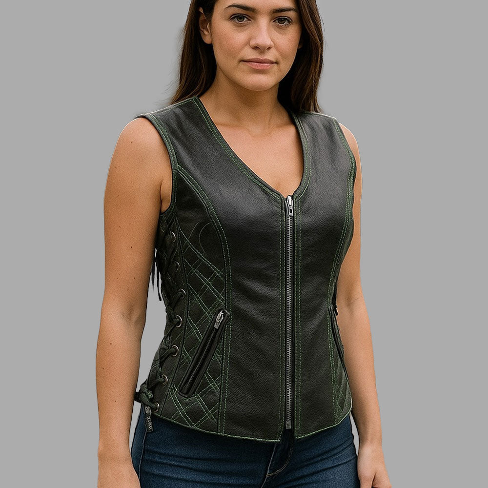 Fringed Black Leather Motorcycle Vest for Women