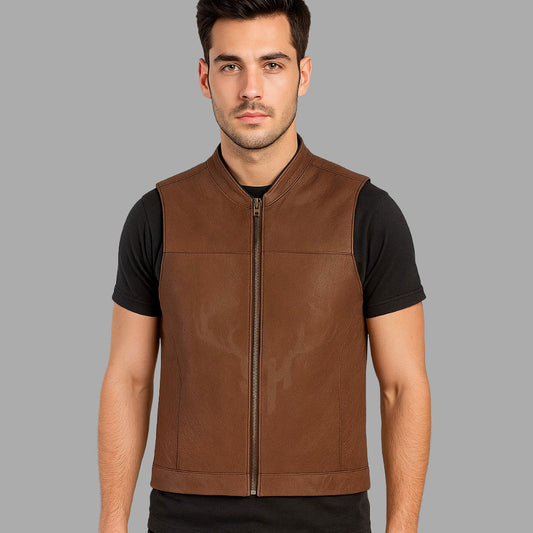 Ironforge Distressed Brown Leather Zipper Vest