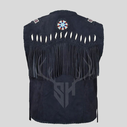 ailBlaze black suede western vest with long fringe and detailed bead accents for cowboy fashion.