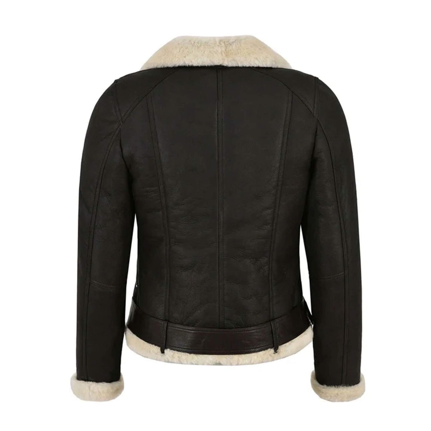 Back shot of the Aurora Black Shearling Leather Jacket featuring a belted waist and wide fur collar. The sleek black leather exterior is complemented by soft shearling lining, ensuring warmth during winter. A premium women’s shearling aviator coat blending luxury materials and timeless biker-inspired design for modern cold-weather outfits.
