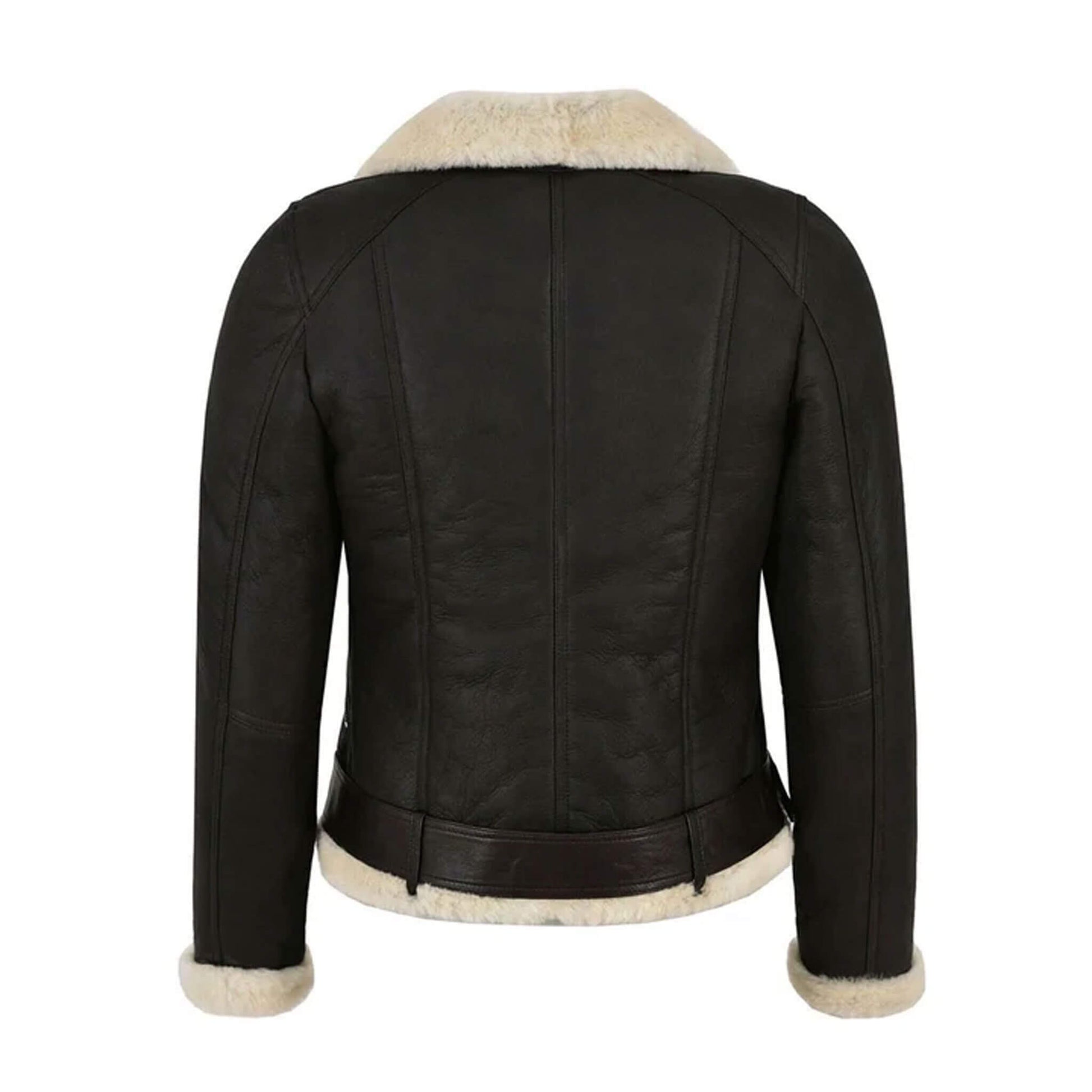 Back shot of the Aurora Black Shearling Leather Jacket featuring a belted waist and wide fur collar. The sleek black leather exterior is complemented by soft shearling lining, ensuring warmth during winter. A premium women’s shearling aviator coat blending luxury materials and timeless biker-inspired design for modern cold-weather outfits.