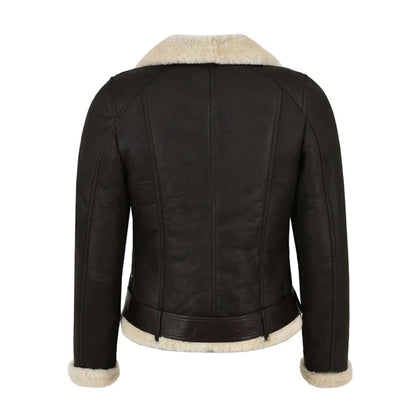 Back shot of the Aurora Black Shearling Leather Jacket featuring a belted waist and wide fur collar. The sleek black leather exterior is complemented by soft shearling lining, ensuring warmth during winter. A premium women’s shearling aviator coat blending luxury materials and timeless biker-inspired design for modern cold-weather outfits.