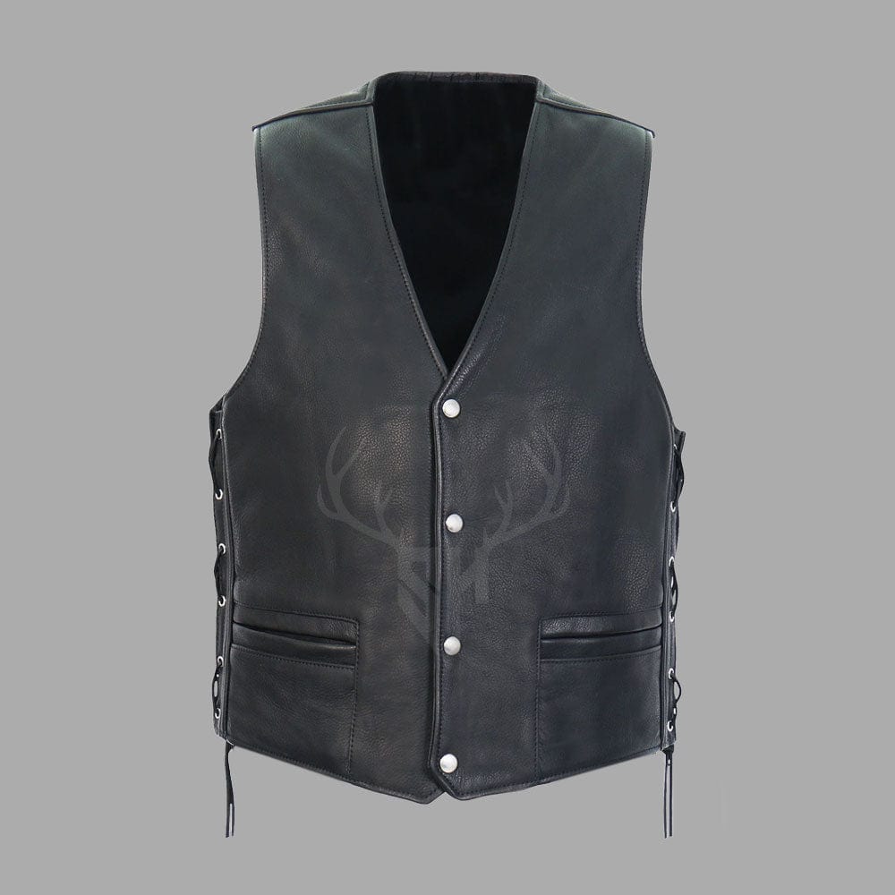 motorcycle club vest, cowhide leather biker vest, men's black leather vest, club style MC vest, leather vest with side laces
