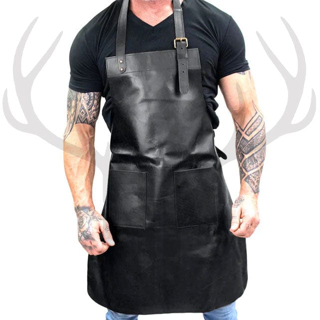 black leather apron, full-grain leather apron, charcoal leather apron, handmade leather apron, Staghide leather apron

