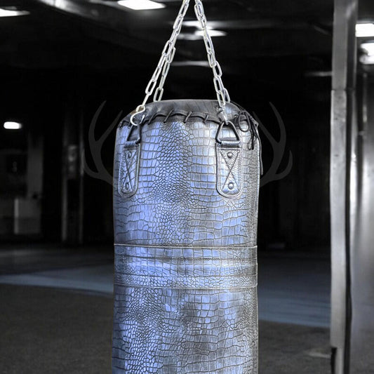 Close-up of the stainless steel chain and hardware on the Azure Mauler punching bag, designed for secure installation during intense boxing, MMA, and fitness workouts. The hardware ensures long-term durability and safety, making this leather heavy bag ideal for professional and home gym setups.

