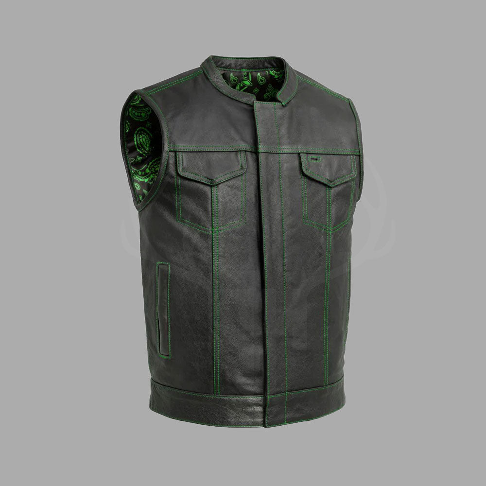 Greenline cowhide leather motorcycle vest for men with printed green polyester lining, brass button details, and customizable design for MC club patches and engravings. Rugged biker vest made from premium cowhide leather ideal for riders and motorcycle enthusiasts.

