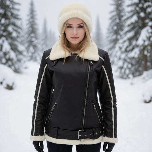 Valencia Black Shearling Leather Jacket - Winter Style