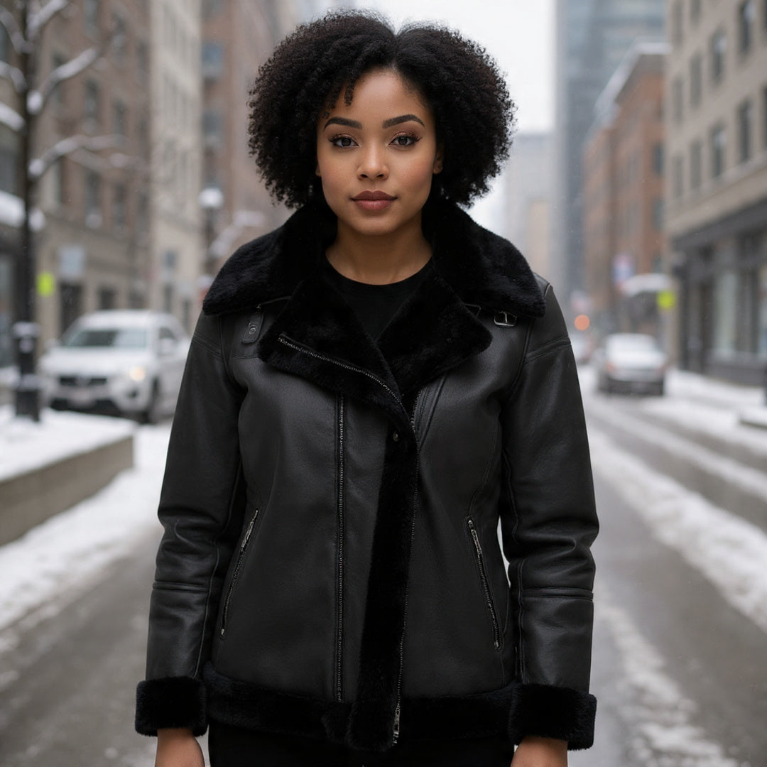 Ebon Shearling Black Leather Jacket – Winter Luxury