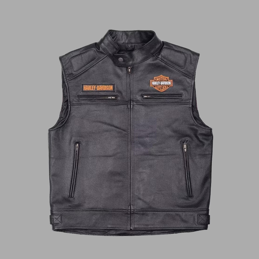 Front view of the Harley Davidson Black Leather Vest, made from genuine cowhide leather with a classic biker cut. Features a zipper closure and iconic Harley-inspired styling. Perfect for motorcycle riders seeking durability, comfort, and bold road-ready aesthetics.