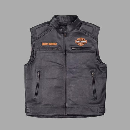 Front view of the Harley Davidson Black Leather Vest, made from genuine cowhide leather with a classic biker cut. Features a zipper closure and iconic Harley-inspired styling. Perfect for motorcycle riders seeking durability, comfort, and bold road-ready aesthetics.