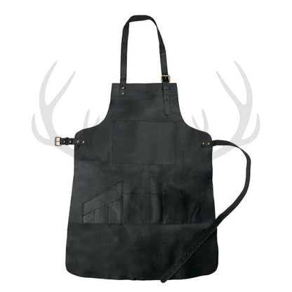 Detailed close-up of the ForgeWear apron’s distressed leather texture and reinforced stitching around the tool pockets, highlighting premium craftsmanship and the rich black vintage finish—perfect for showcasing quality leatherwork.


