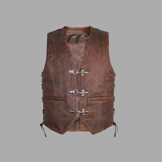 Ironridge Brown Vintage Leather MC Vest made from A+ cowhide leather featuring side lace closure, ribbed borders, and secure hook front. This customizable motorcycle club vest showcases a rugged design ideal for bikers and Western-style enthusiasts looking for premium quality and durability.